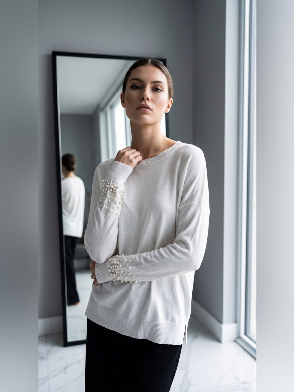 Zara Pearl‑Accent Sweater